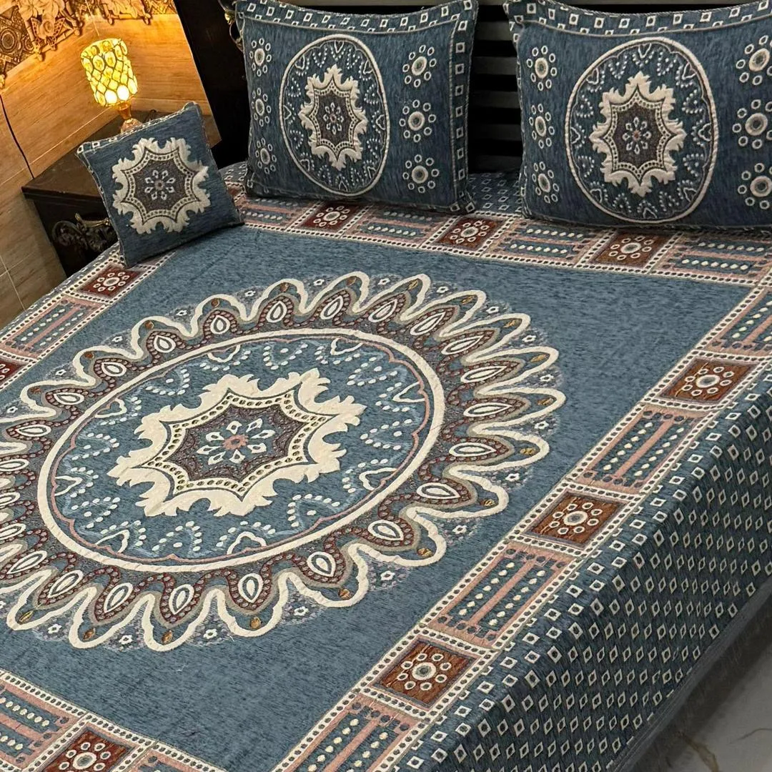 Vibrant 4 Pcs Velvet Jacquard Embroidered Double Bedsheet