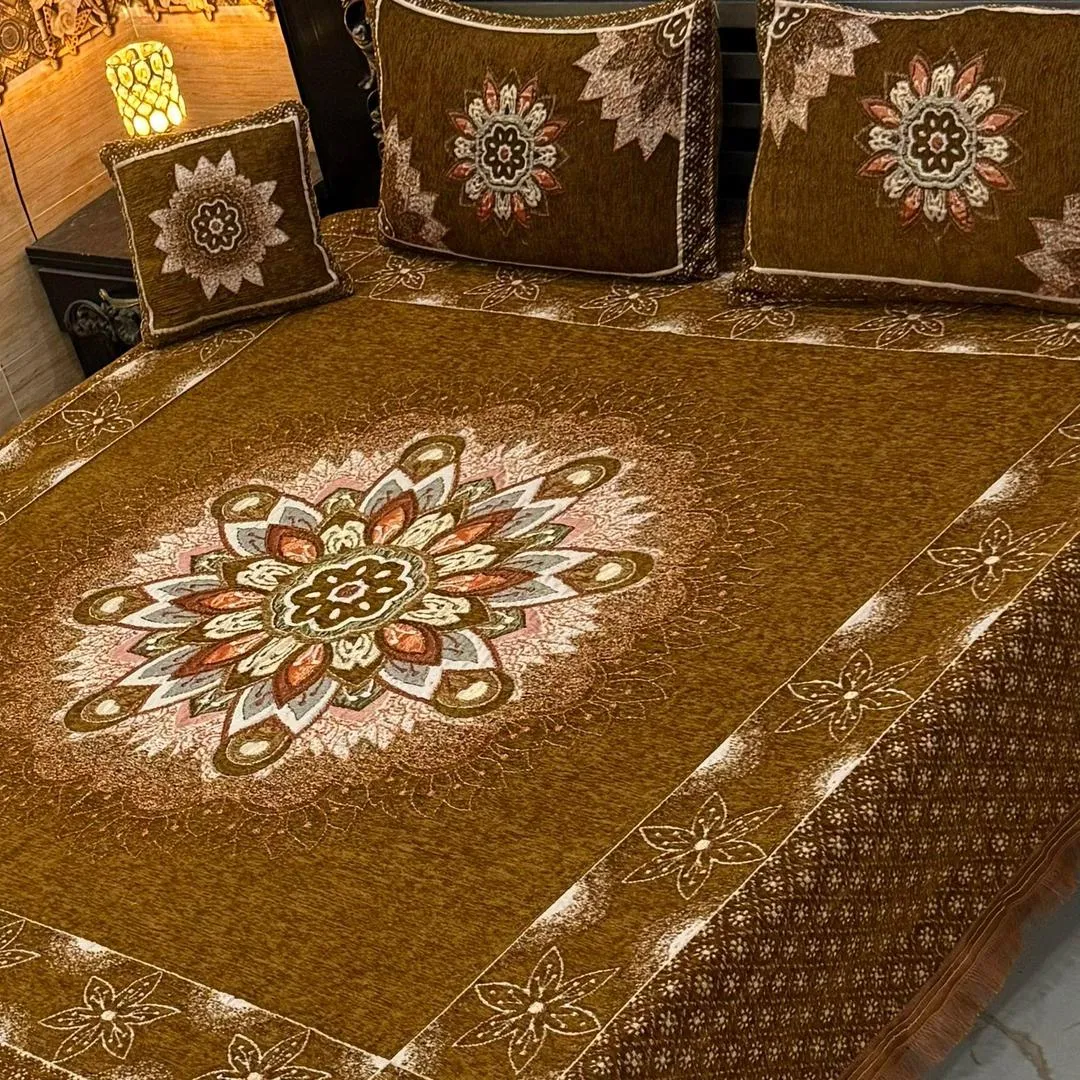 Vibrant 4 Pcs Velvet Jacquard Embroidered Double Bedsheet