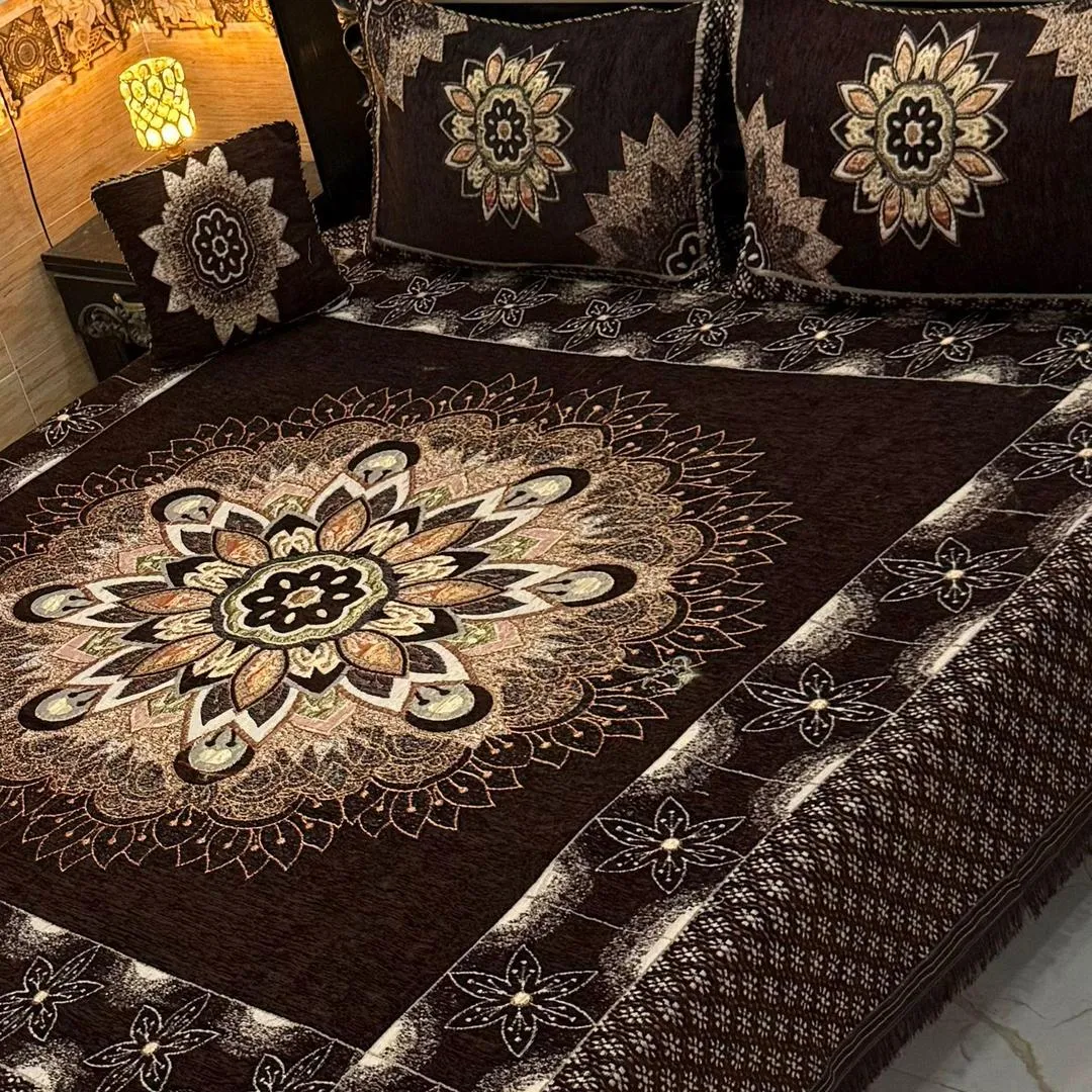 Vibrant 4 Pcs Velvet Jacquard Embroidered Double Bedsheet