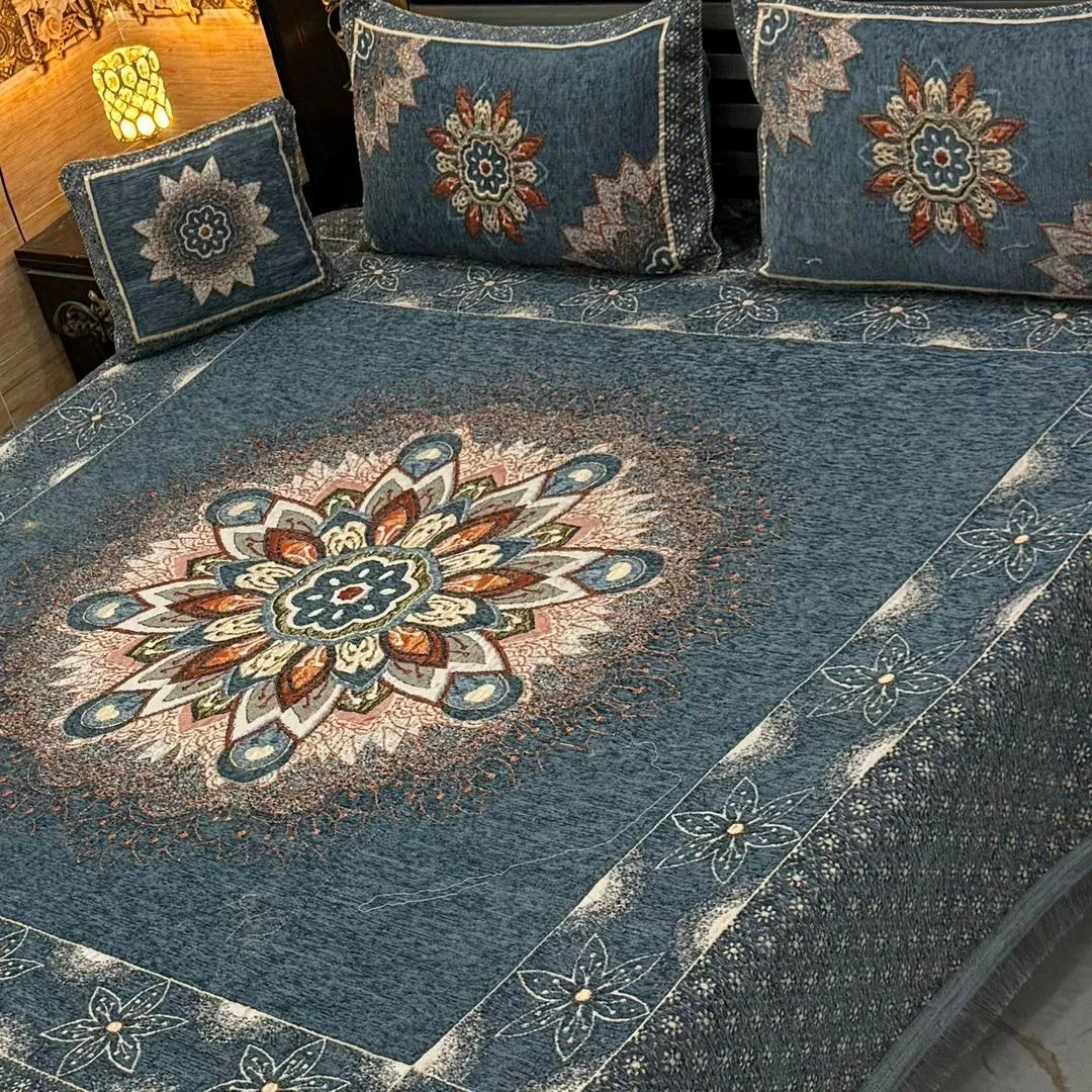 Vibrant 4 Pcs Velvet Jacquard Embroidered Double Bedsheet