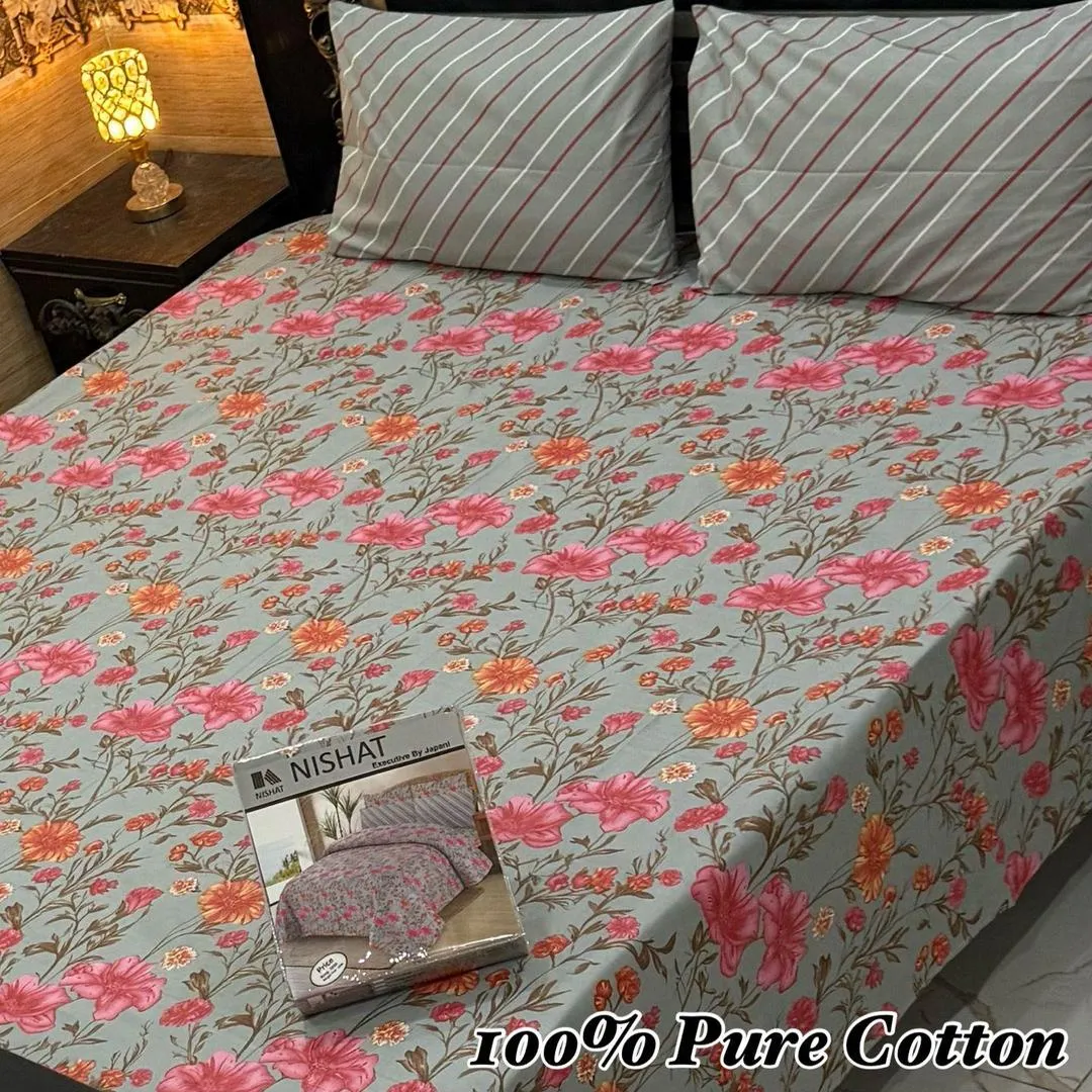 Vibrant 3 Pcs 100% Pure Cotton Printed Double Bedsheet