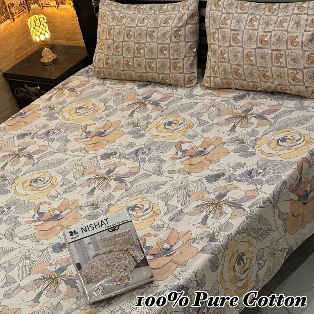 Vibrant 3 Pcs 100% Pure Cotton Printed Double Bedsheet