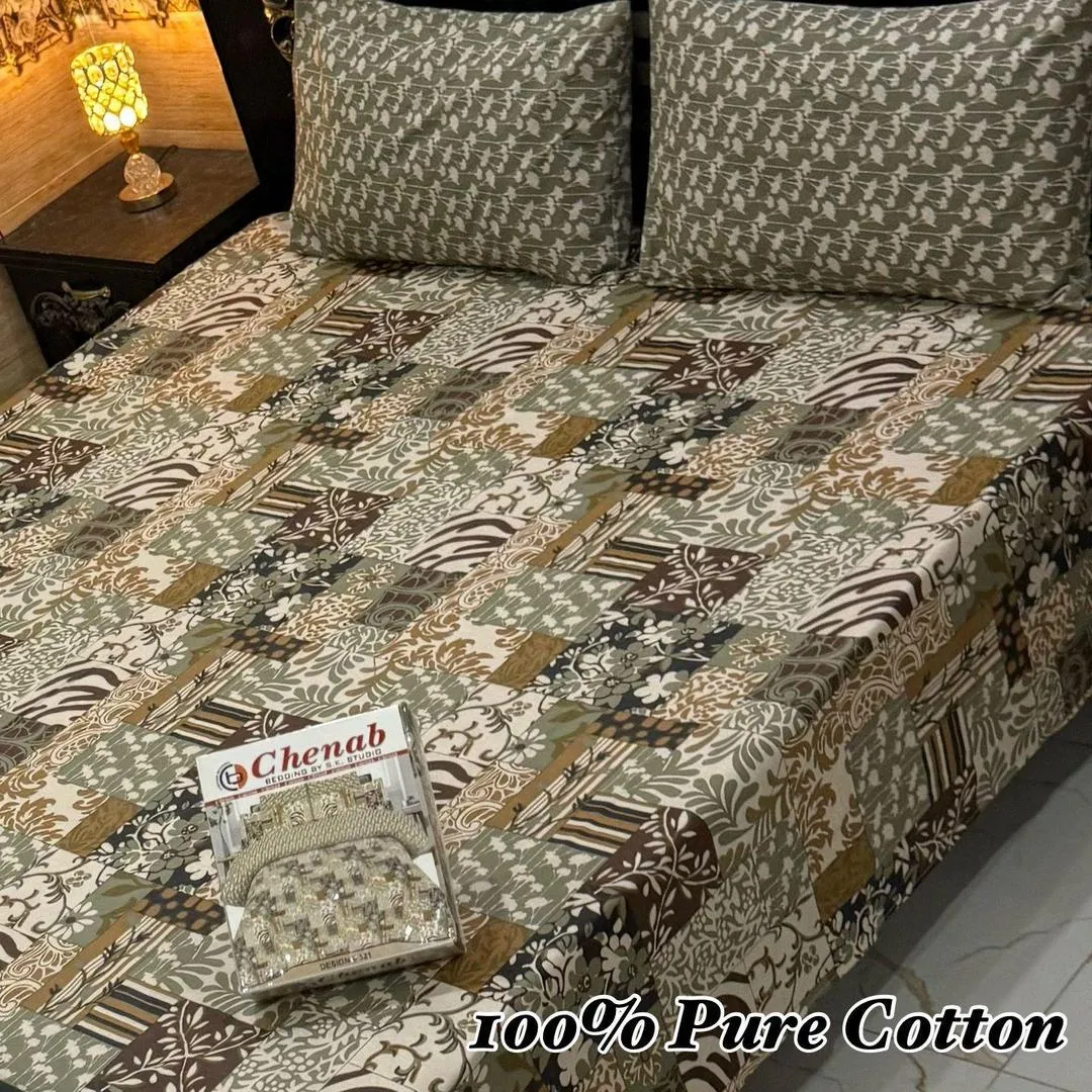 Vibrant 3 Pcs 100% Pure Cotton Printed Double Bedsheet