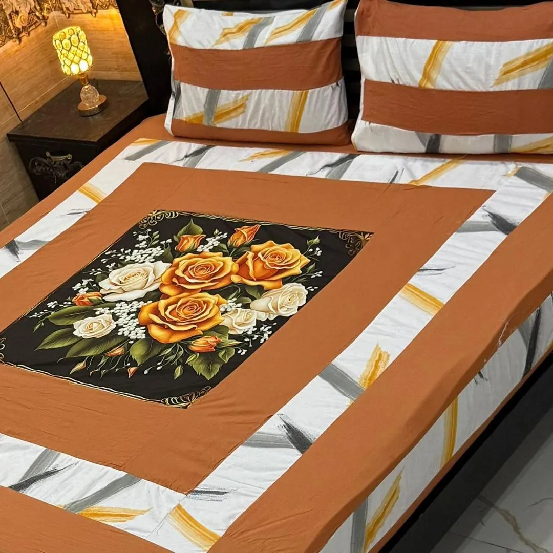 Stylish 3 Pcs Cotton Sotton Digital Gold Panel Patchwork Double Bedsheet