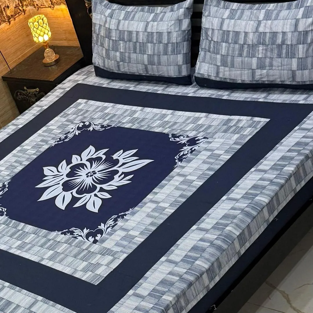 Stylish 3 Pcs Cotton Sotton Digital Gold Panel Patchwork Double Bedsheet