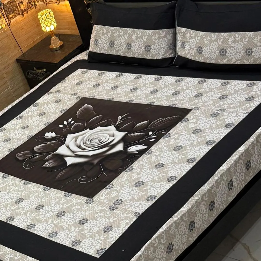 Stylish 3 Pcs Cotton Sotton Digital Gold Panel Patchwork Double Bedsheet