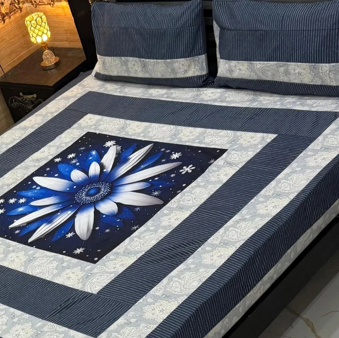 Stylish 3 Pcs Cotton Sotton Digital Gold Panel Patchwork Double Bedsheet