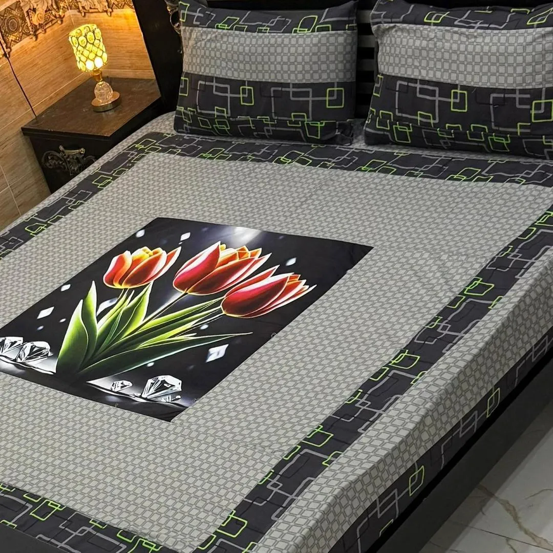 Stylish 3 Pcs Cotton Sotton Digital Gold Panel Patchwork Double Bedsheet