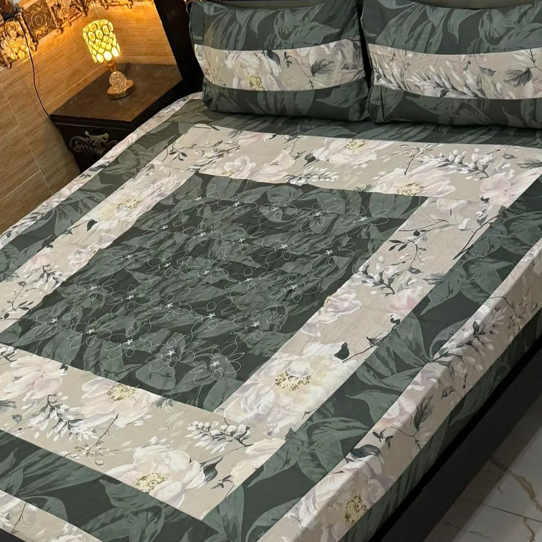Stylish 3 Pcs Cotton Sotton Embroidered Patchwork Double Bedsheet