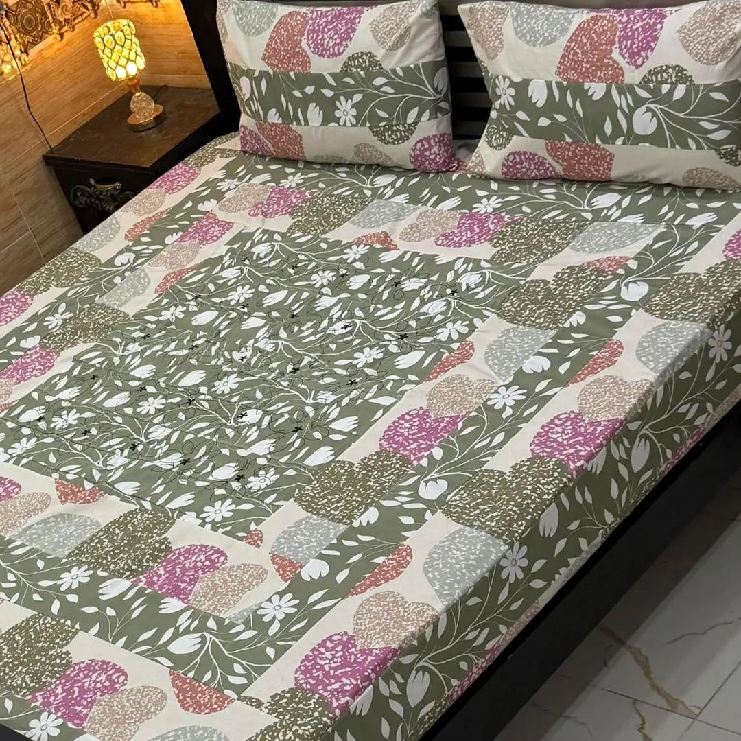 Stylish 3 Pcs Cotton Sotton Embroidered Patchwork Double Bedsheet