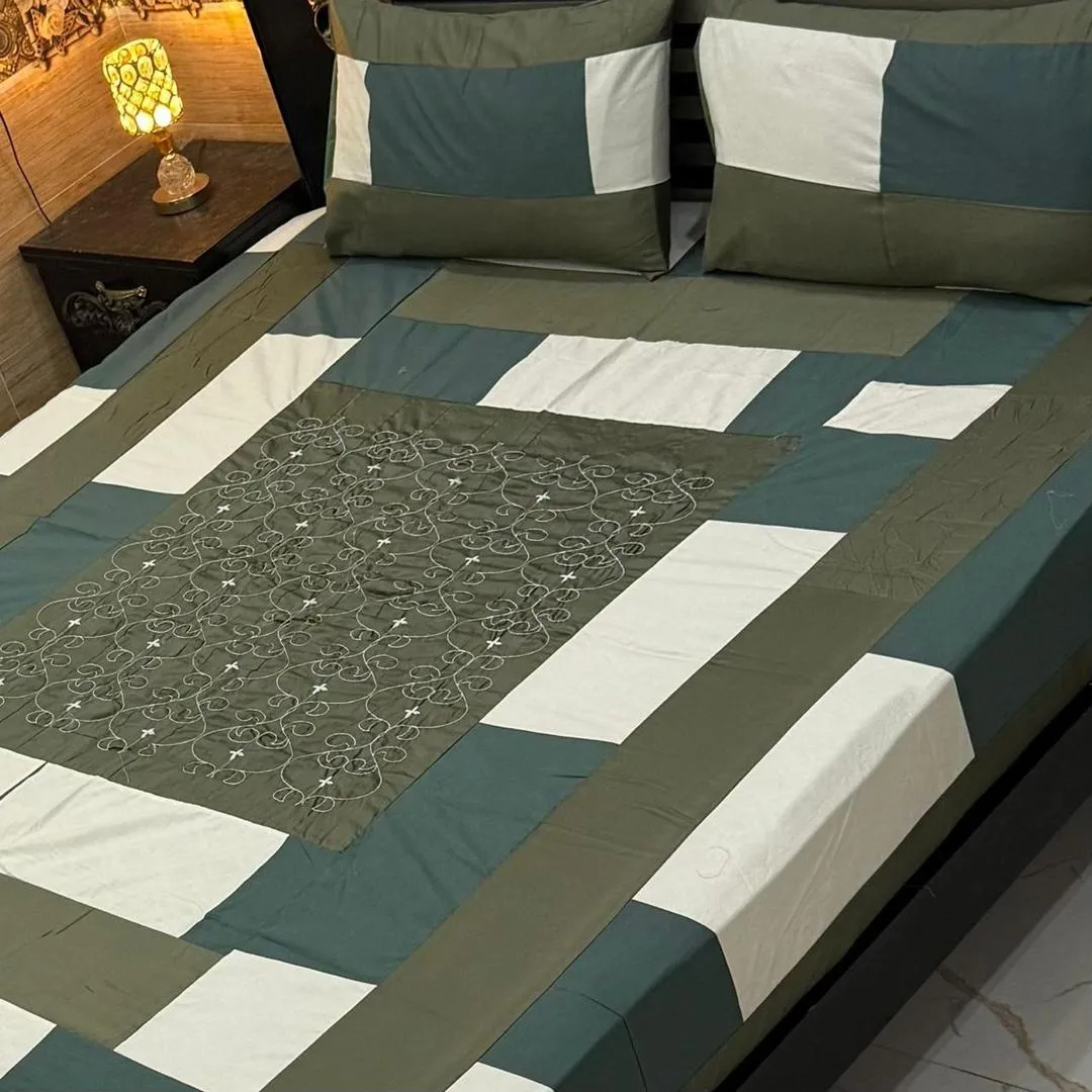 Stylish 3 Pcs Cotton Sotton Embroidered Patchwork Double Bedsheet