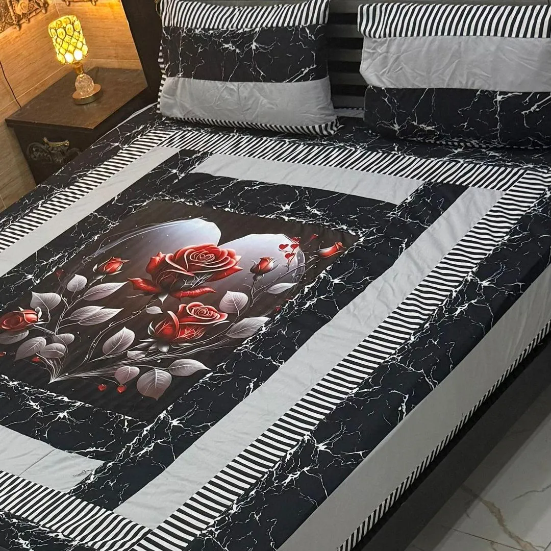 Stylish 3 Pcs Cotton Sotton Digital Gold Panel Patchwork Double Bedsheet