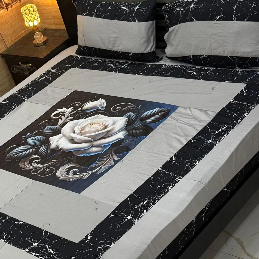 Stylish 3 Pcs Cotton Sotton Digital Gold Panel Patchwork Double Bedsheet