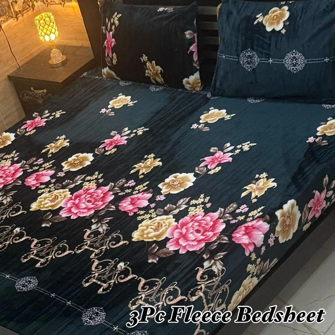 Luxurious 3 Pcs Fleece Printed Double Bedsheet