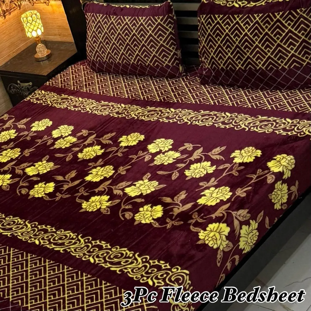 Stylish 3 Pcs Fleece Printed Double Bedsheet