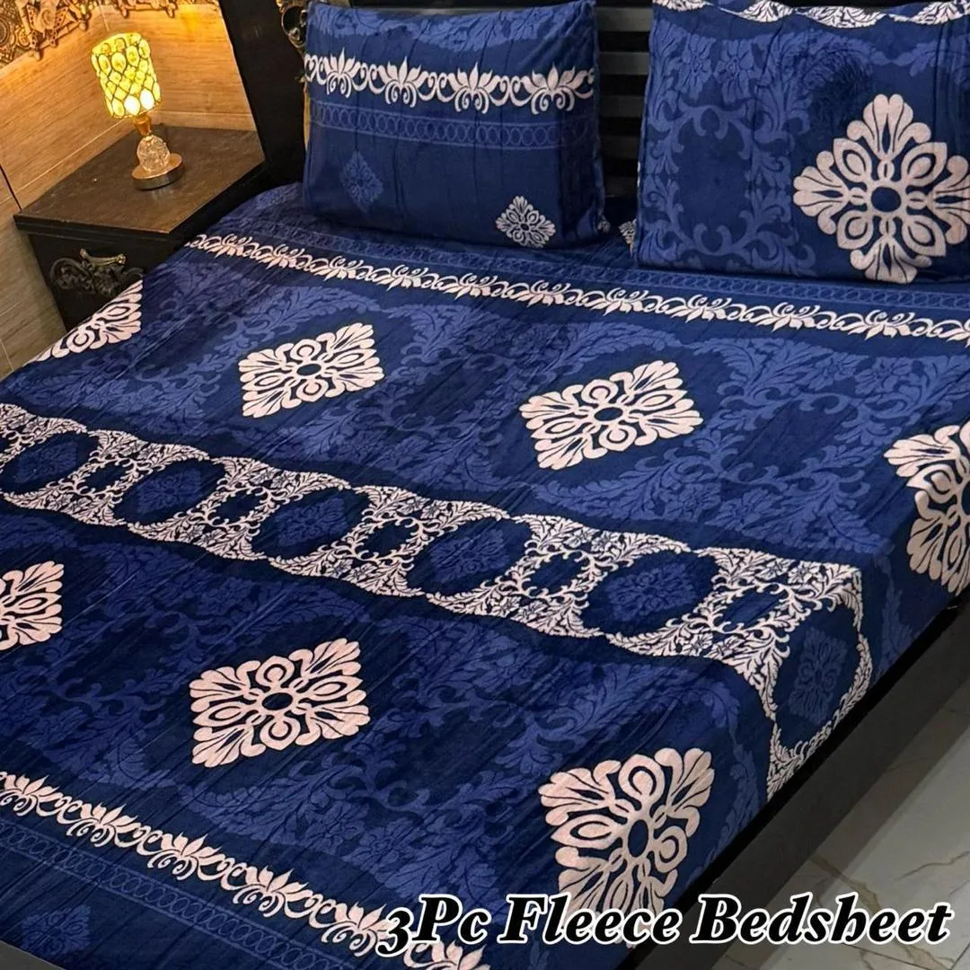 Stylish 3 Pcs Fleece Printed Double Bedsheet