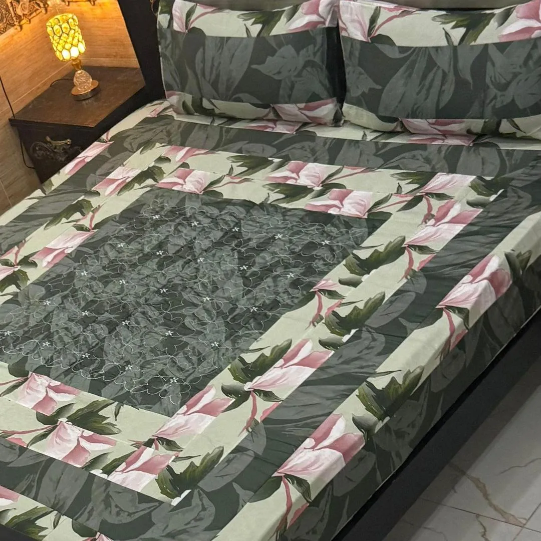 Stylish 3 Pcs Cotton Sotton Embroidered Patchwork Double Bedsheet