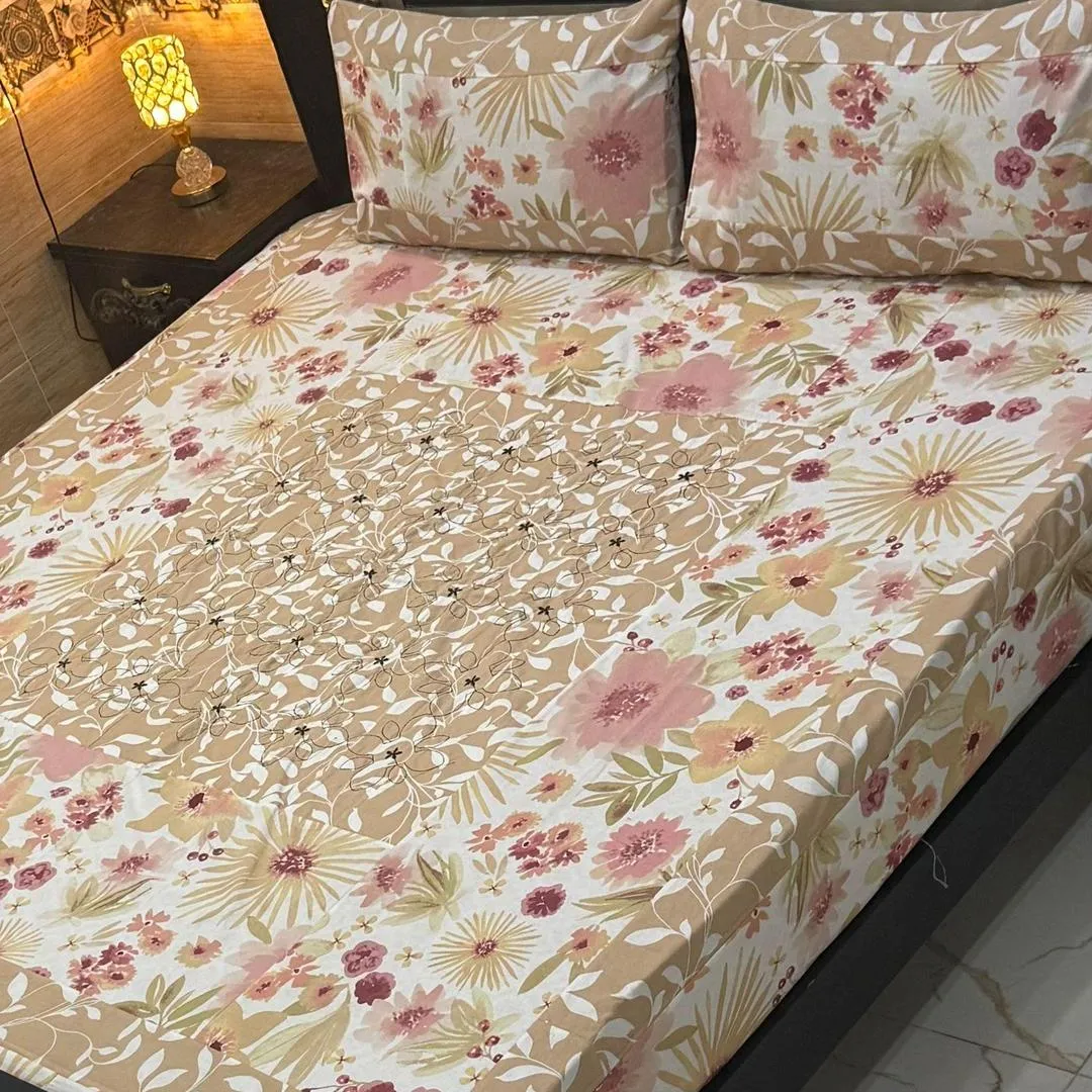 Stylish 3 Pcs Cotton Sotton Embroidered Patchwork Double Bedsheet