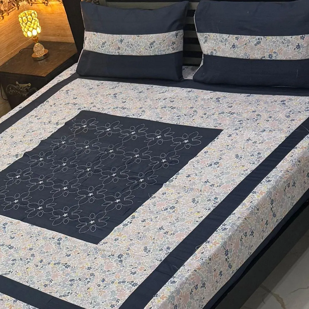 Stylish 3 Pcs Cotton Sotton Embroidered Patchwork Double Bedsheet