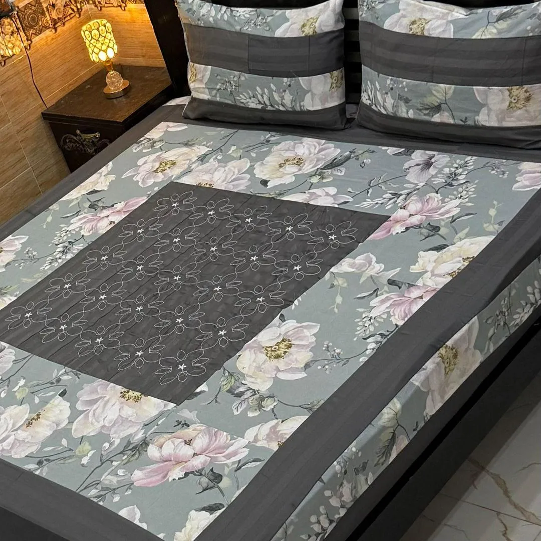 Stylish 3 Pcs Cotton Sotton Embroidered Patchwork Double Bedsheet