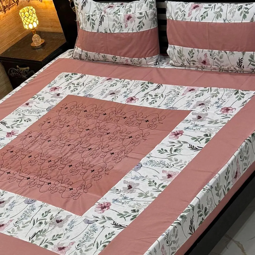 Stylish 3 Pcs Cotton Sotton Embroidered Patchwork Double Bedsheet