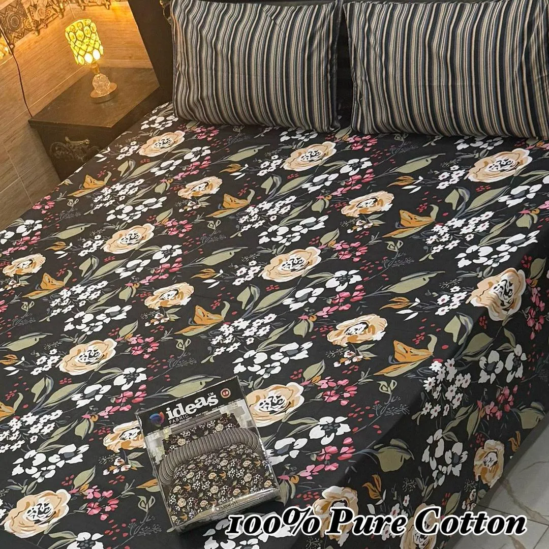Vibrant 3 Pcs 100% Pure Cotton Printed Double Bedsheet