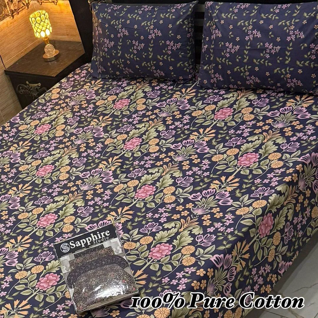 Vibrant 3 Pcs 100% Pure Cotton Printed Double Bedsheet