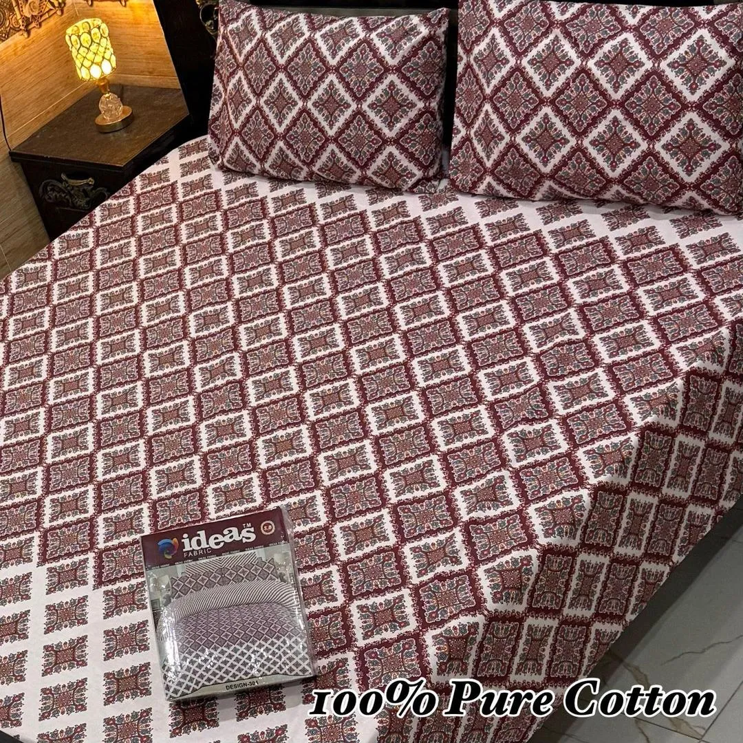 Elegant 3 Pcs 100% Pure Cotton Printed Double Bedsheet