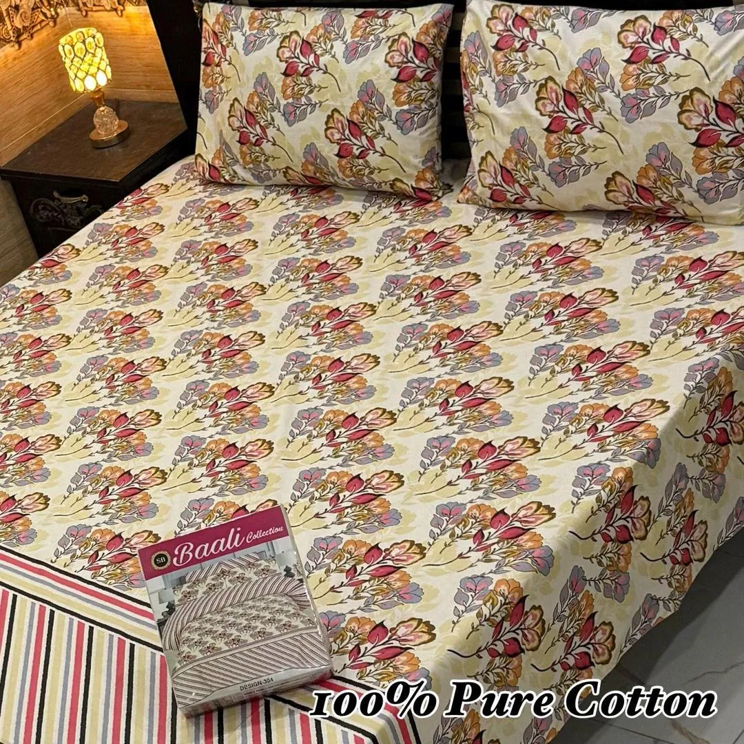 Elegant 3 Pcs 100% Pure Cotton Printed Double Bedsheet