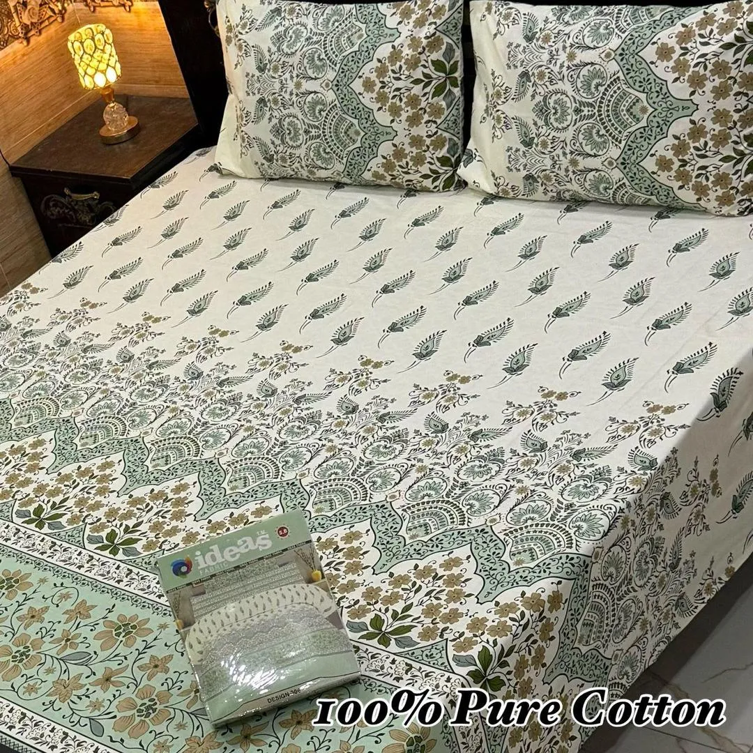 Elegant 3 Pcs 100% Pure Cotton Printed Double Bedsheet