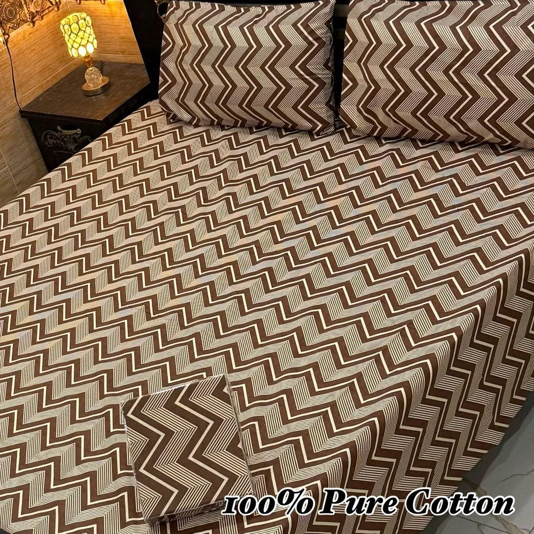 Elegant 3 Pcs 100% Pure Cotton Printed Double Bedsheet