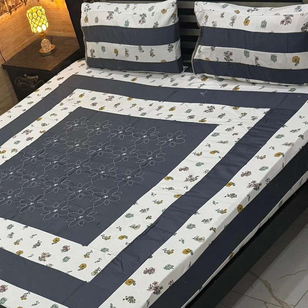 Stylish 3 Pcs Cotton Sotton Embroidered Patchwork Double Bedsheet