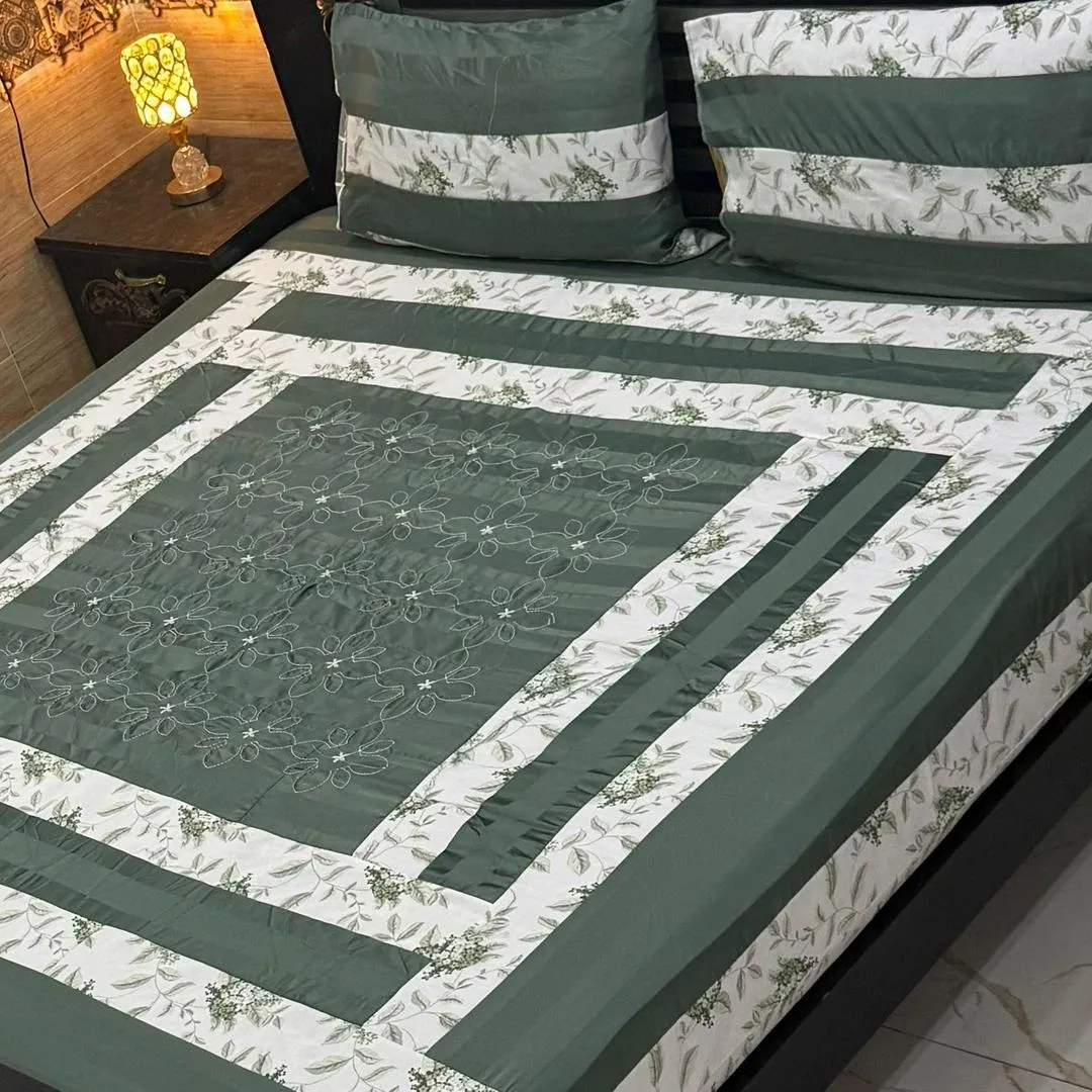 Stylish 3 Pcs Cotton Sotton Embroidered Patchwork Double Bedsheet