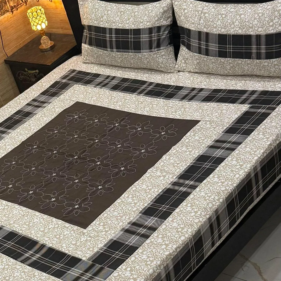 Stylish 3 Pcs Cotton Sotton Embroidered Patchwork Double Bedsheet
