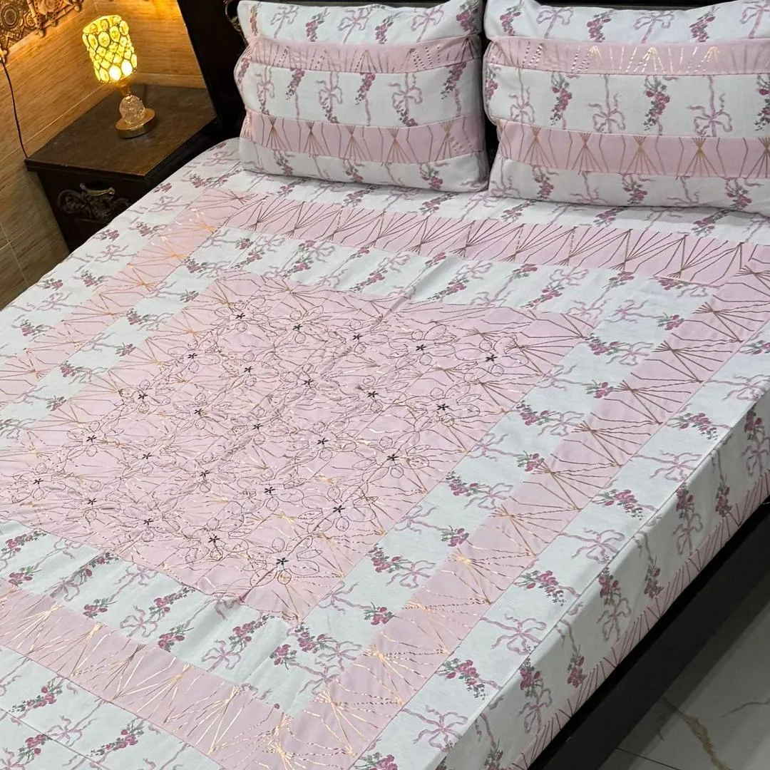 Stylish 3 Pcs Cotton Sotton Embroidered Patchwork Double Bedsheet