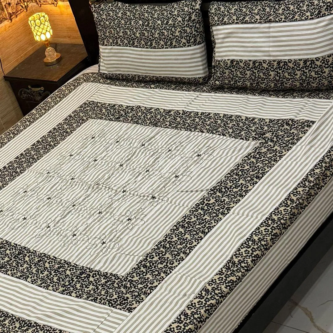Stylish 3 Pcs Cotton Sotton Embroidered Patchwork Double Bedsheet