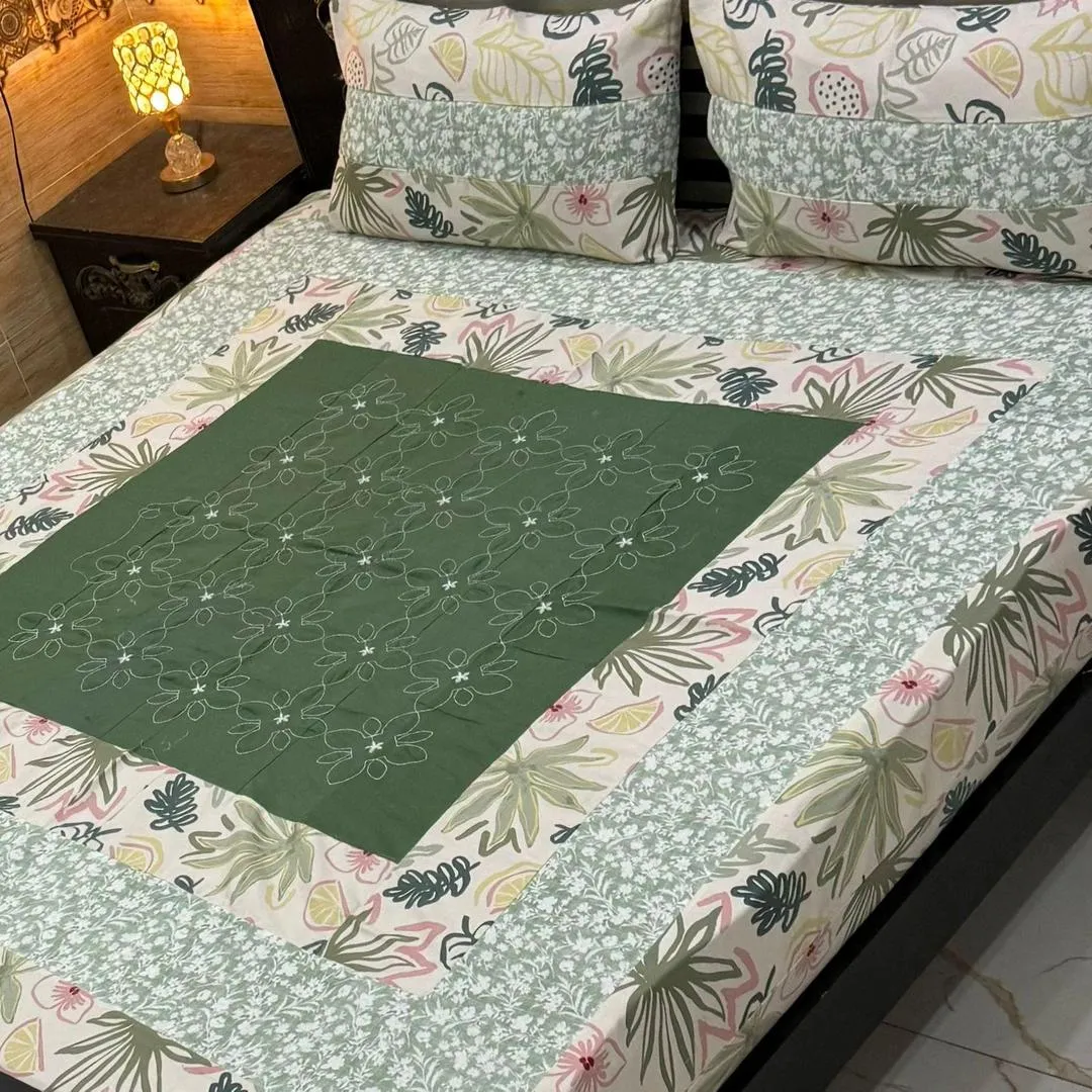 Stylish 3 Pcs Cotton Sotton Embroidered Patchwork Double Bedsheet