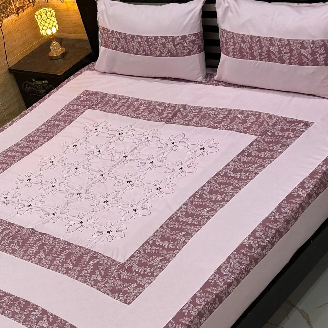 Stylish 3 Pcs Cotton Sotton Embroidered Patchwork Double Bedsheet