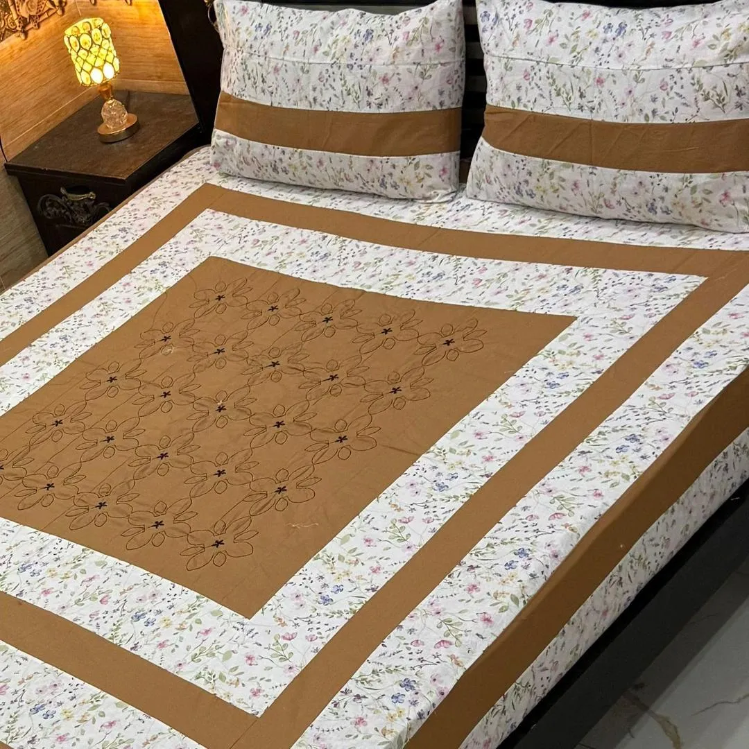 Stylish 3 Pcs Cotton Sotton Embroidered Patchwork Double Bedsheet