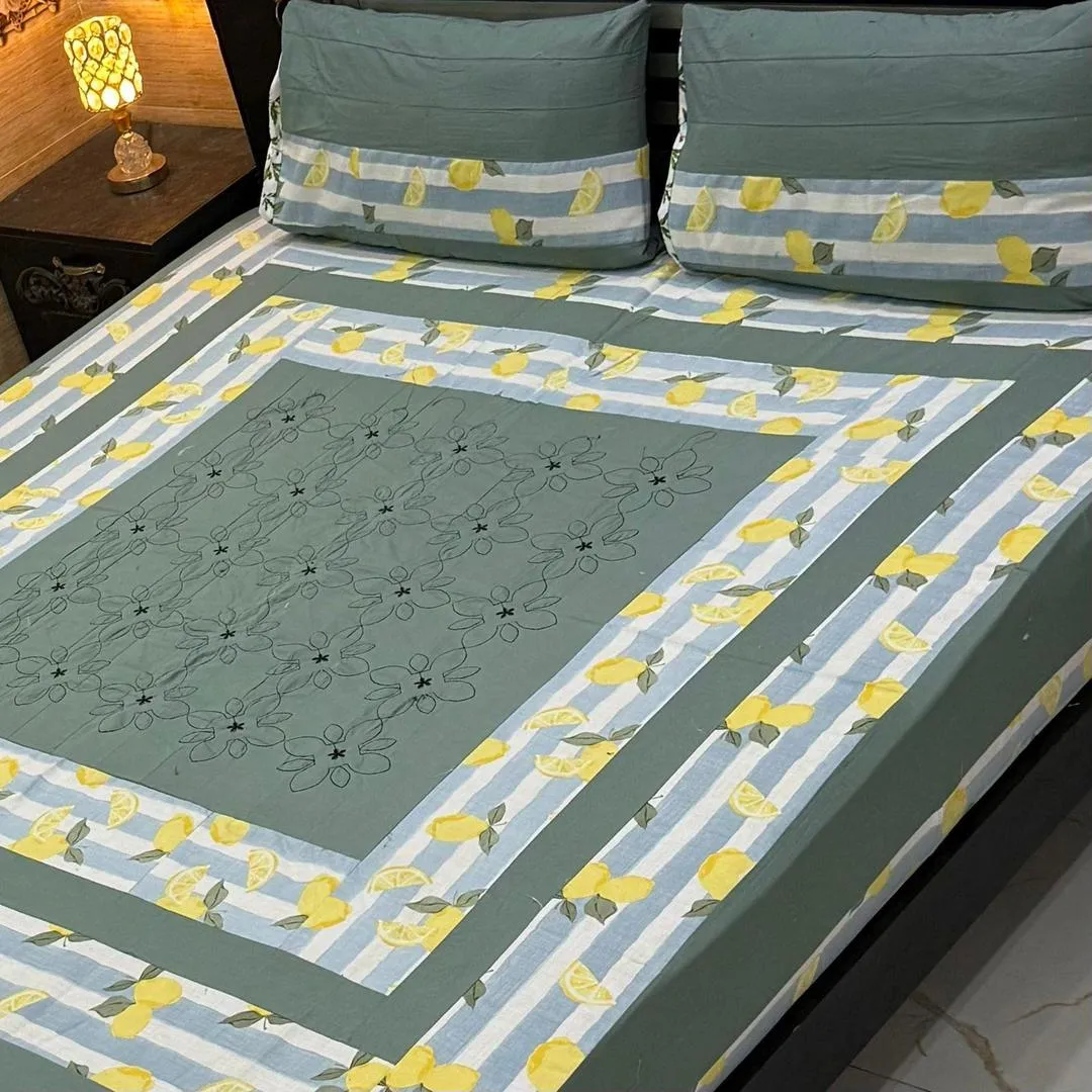 Stylish 3 Pcs Cotton Sotton Embroidered Patchwork Double Bedsheet
