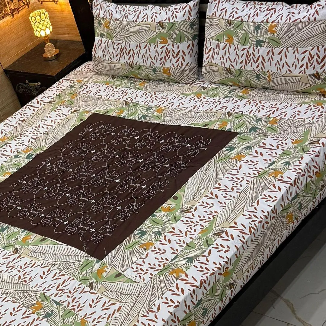 Stylish 3 Pcs Cotton Sotton Embroidered Patchwork Double Bedsheet