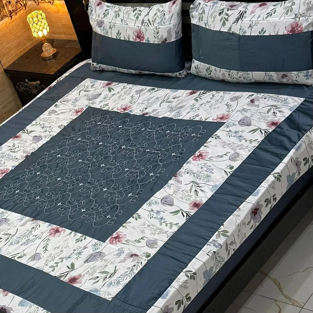 Stylish 3 Pcs Cotton Sotton Embroidered Patchwork Double Bedsheet