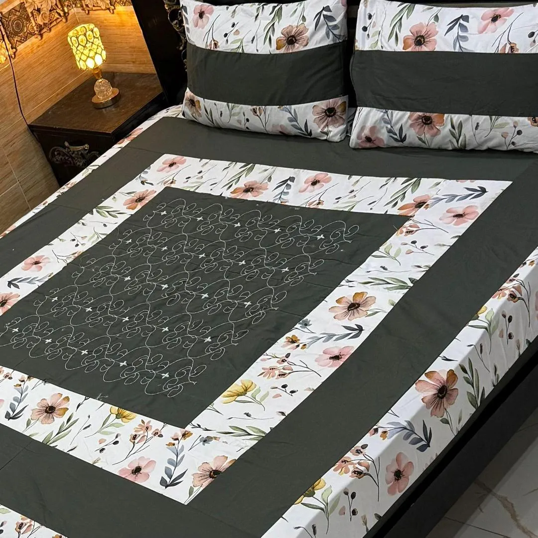 Stylish 3 Pcs Cotton Sotton Embroidered Patchwork Double Bedsheet