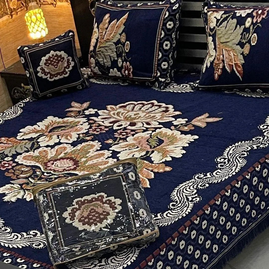 Blue Velvet Jacquard Bedsheet 4 Pcs Double Bed Set