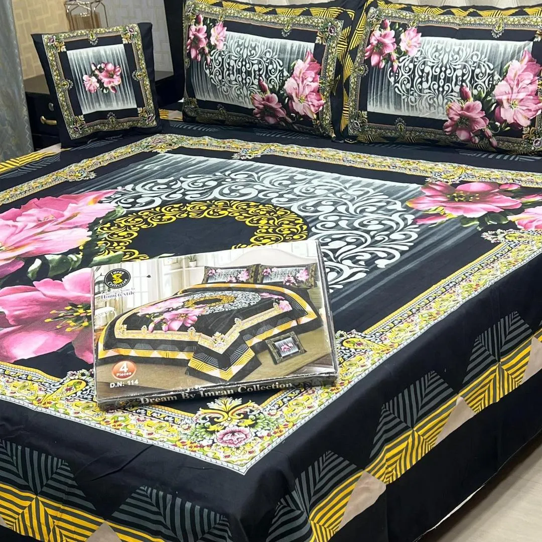 Crystal Cotton Floral Bedsheet Set Black Gold Double Bed