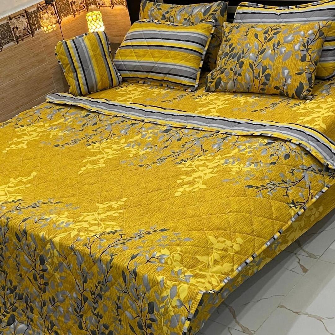 Vibrant Yellow Mix Cotton Printed Comforter Set - 7 Pcs for Double Bed