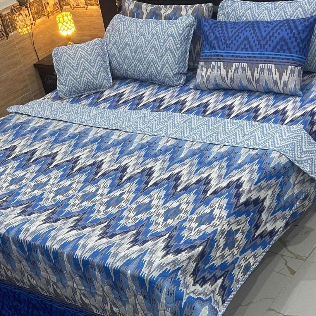 Elegant 7 Pcs Blue Printed Comforter Set in Mix Cotton for Double Bed