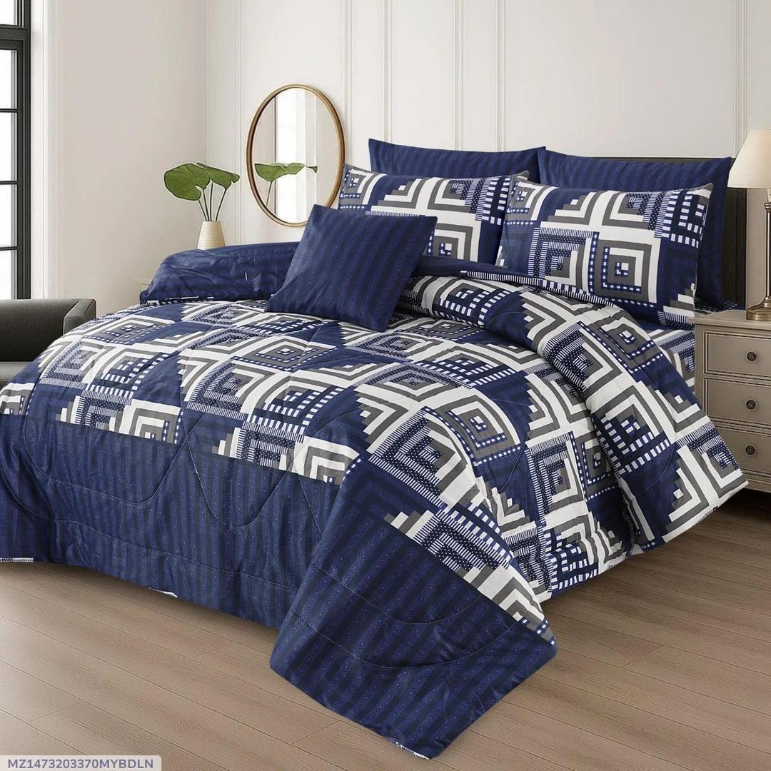 7Pcs Blue Printed Cotton Comforter Set for Double Bed