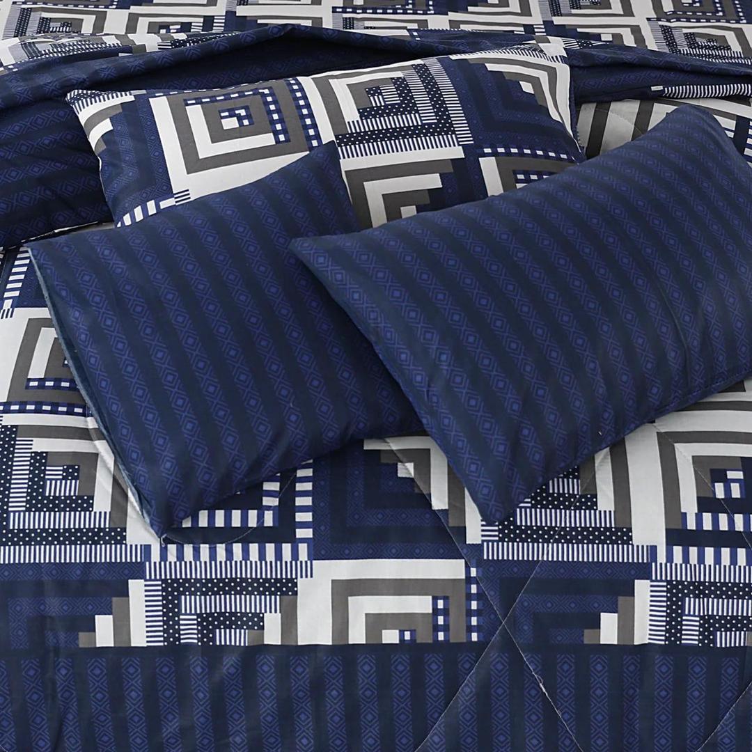 7Pcs Blue Printed Cotton Comforter Set for Double Bed