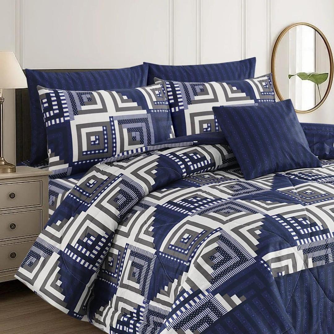 7Pcs Blue Printed Cotton Comforter Set for Double Bed